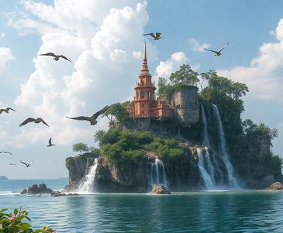 The primary subject of the image is a large, red building situated on a rocky island. The building is surrounded by a beautiful blue ocean, and there are several birds flying around the area. The setting appears to be a mix of natural and man-made elements, creating a unique and picturesque scene. The visual style of the image is a combination of photo and digital art, giving it a realistic yet artistic appearance. The colors and mood of the image are vibrant and lively, with the red building standing out against